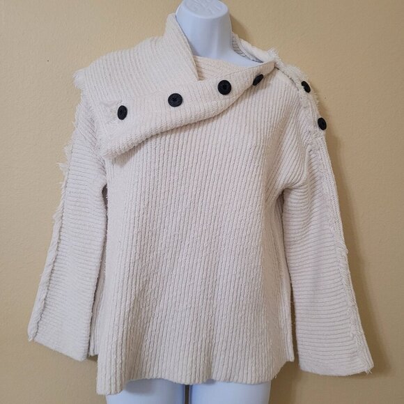 Free‎ People Neutral Chunky Ribbed Knit Fold Over Cowl Neck Button Sweater XS - Picture 1 of 8